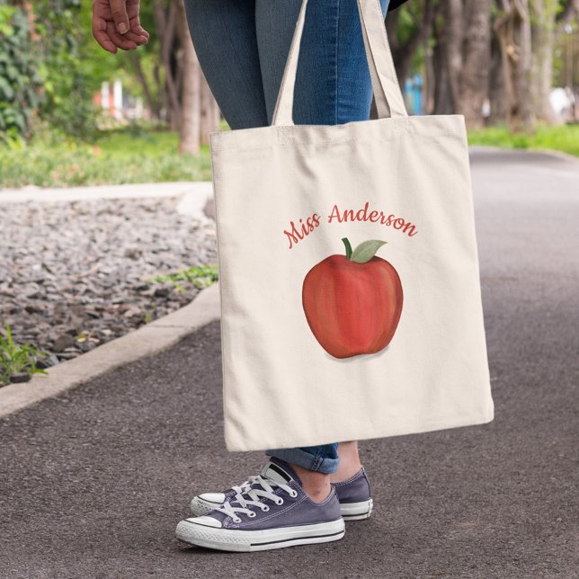 Skollärare Apple Classroom Tygkasse (Personalized teacher tote bag with red apple illustration and custom teacher name design.)