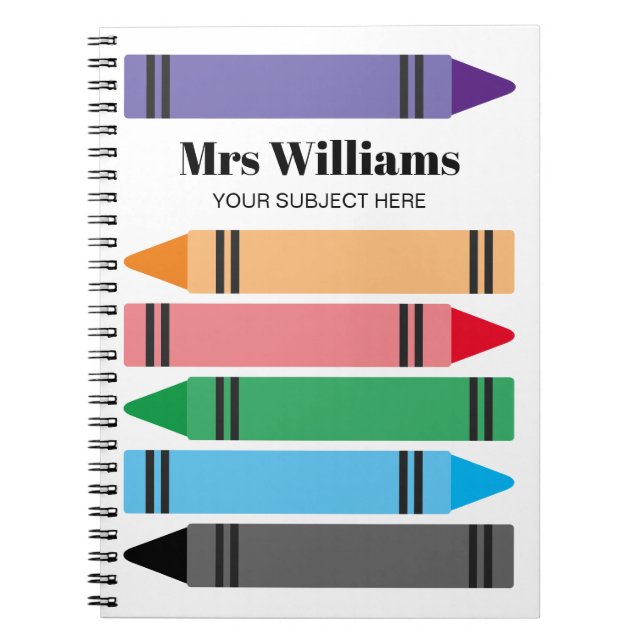 Skollärares bärbara dator med färgstark kritor anteckningsbok (Framsidan)