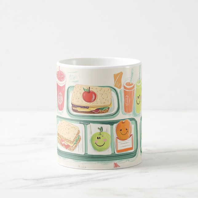 skollunchbrickor illustrerade i "kawaii"-stil  kaffemugg (Center)