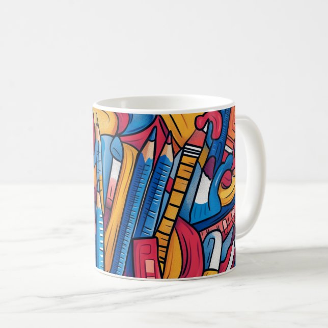 Skolmaterial med en livfull färgpalett. Den  Kaffemugg (Framsida höger)