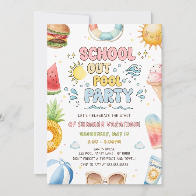 Skolstart Poolparty Början Av Sommarlovet Inbjudningar (Framsida)