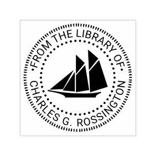 Skonert segelbåt nautiska bibliotek boknamn självfärgande stämpel