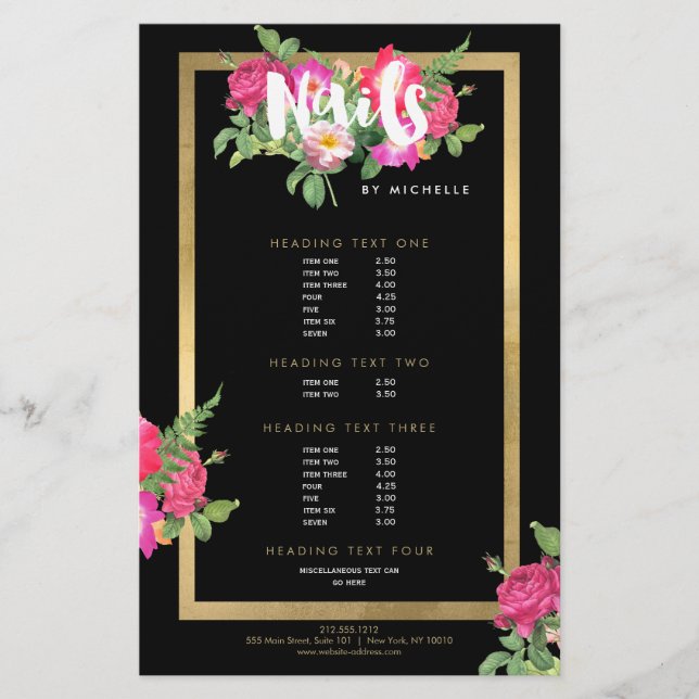 Skönhet Florals Nagelsalong Svart Flygblad (Framsidan)