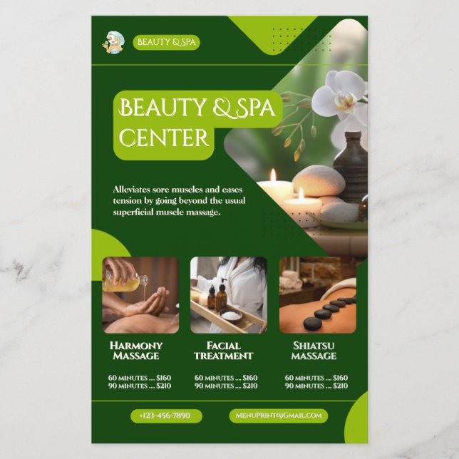 Skönhet Spa Flyer – Massage & Ansiktsbehandling Po (Framsidan)