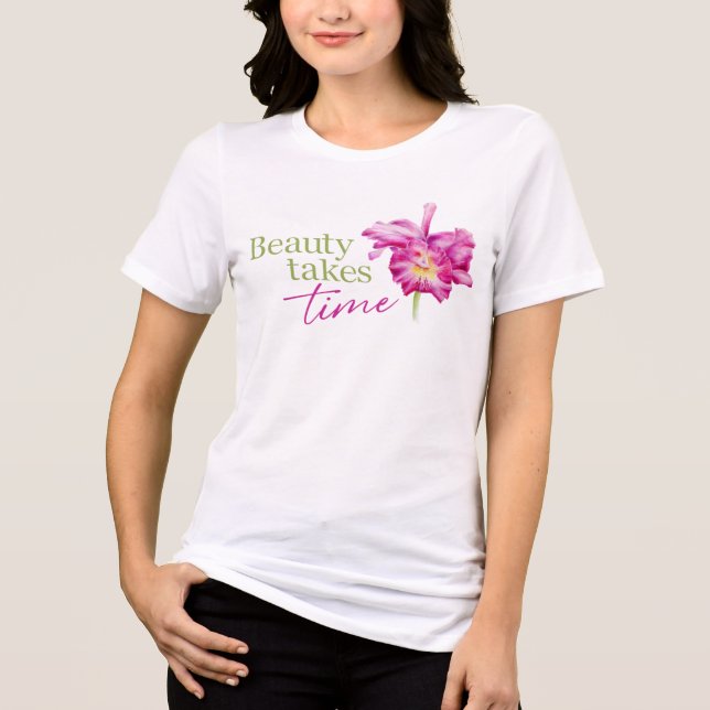 Skönhet Tar Tid Orkidé Vattenfärg Blommig rosa T Shirt (Framsida)