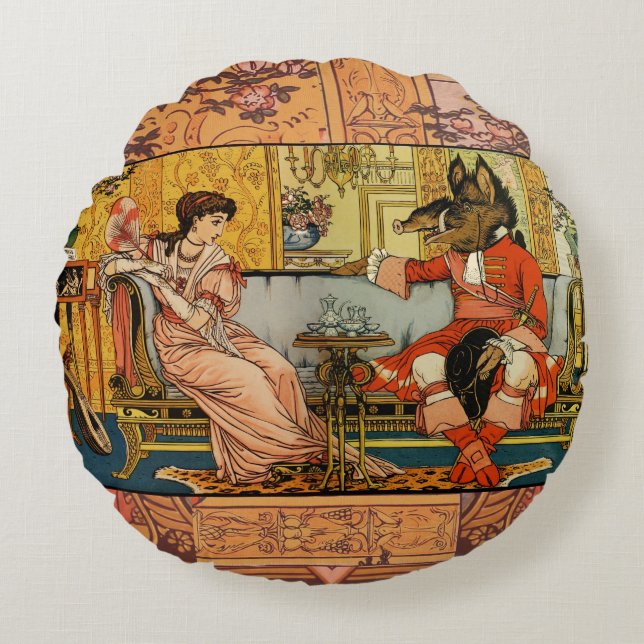 Skönhet Vilddjuret Klassiska Sagokaraktärer Rund Kudde (Framsidan)