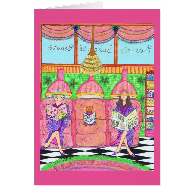 Skönhetsalongkort med katten, modern och farmodern hälsningskort (Framsidan)