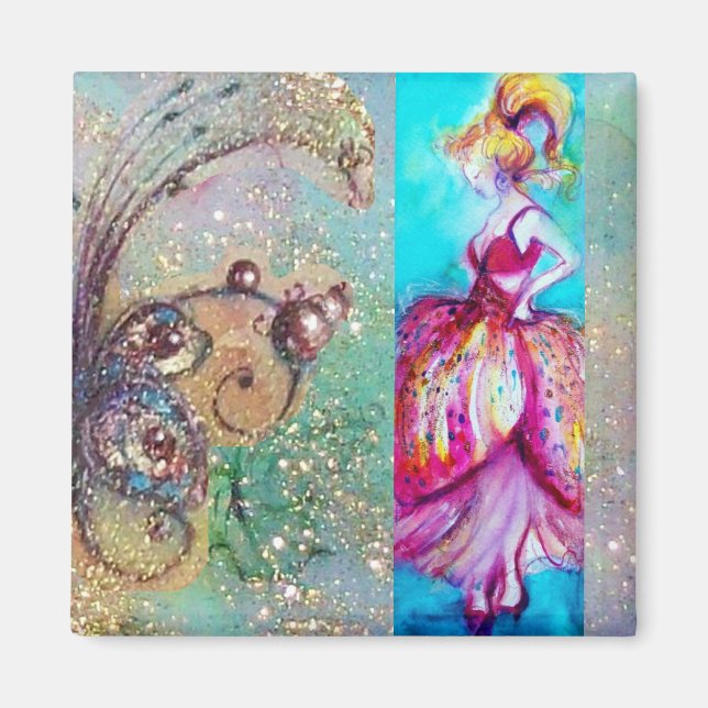 SKÖNHETSKVINNA I ROSA KLÄN / Magisk Fjärilsväxt Magnet (Framsidan)