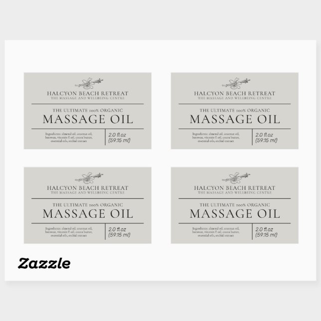 Skönhetsmassageolja grå produkt ingrediensetikett rektangulärt klistermärke (Ark)