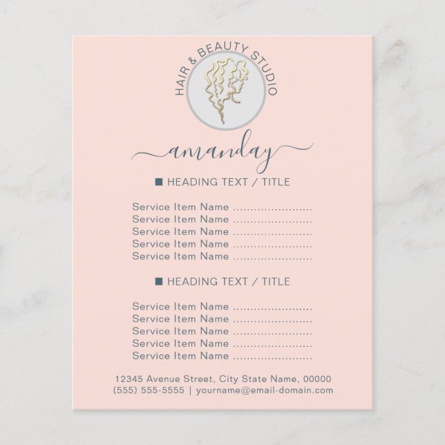 Skönhetssalong Hårfrisör Logotyp BlushBlue Prislis Flygblad (Framsidan)