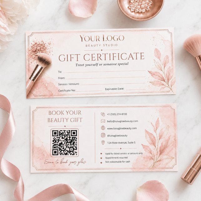 Skönhetssalong Presentkort Blush Rose Gold QR (Blush Pink QR Code Beauty Salon Gift Certificate Template)