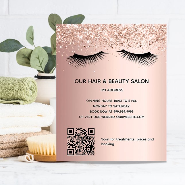 Skönhetssalong rose gold glitter smink QR-kod Flygblad (Skapare uppladdad)