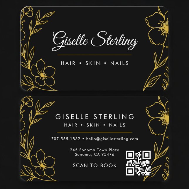 Skönhetssalong Svart Guld Botanisk Blommig QR-kod  Visitkort (Skapare uppladdad)
