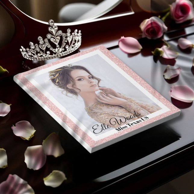 Skönhetstävling Autograf Pad - Ro Guld Glitter Grä Anteckningsblock (Elegant autograph notepad for pageants featuring a rose gold glitter border to highlight your photo)