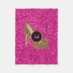 Skor den guld- glitterhögklackar för shock rosa fleecefilt