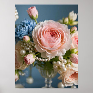 Skör rosa ros med pärlkärl i vas poster