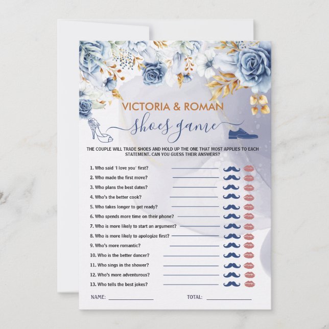 Skor spel Elegant Blå Blommig Bröllopsdusch Kort (Framsida)