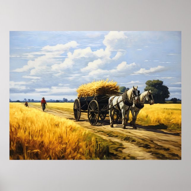 Skörd av kärnor med horsskövlat vagn poster (Framsidan)