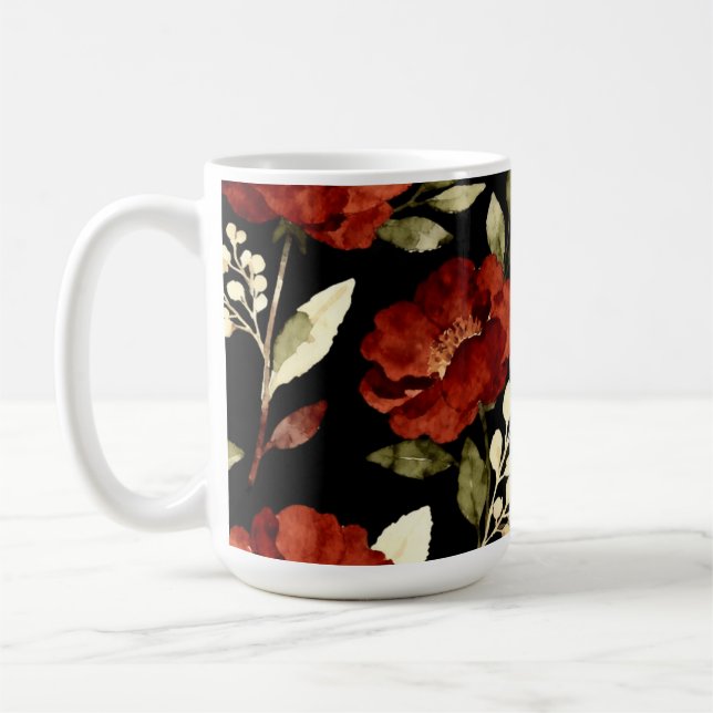 Skörd Glöd Mönster | Roströd & Oliv Blommig  Kaffemugg (Vänster)