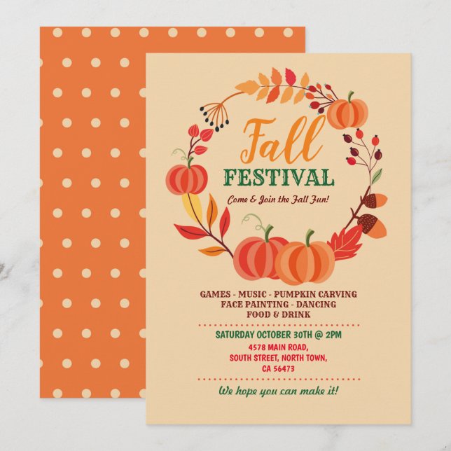 Skördefest Höstfest Pumpa Höst Aktivitet Löv Inbjudningar (Fram/baksida)