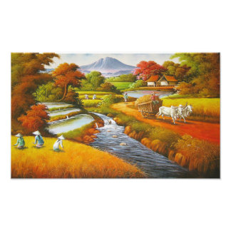 Skördetid: Landsbygdslandskap med berg Fototryck