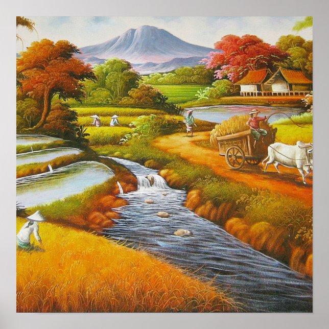 Skördetid: Landsbygdslandskap med berg Poster (Framsidan)