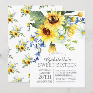Skördig Gult Sunblommor Sweet sixteen Party Inbjudningar