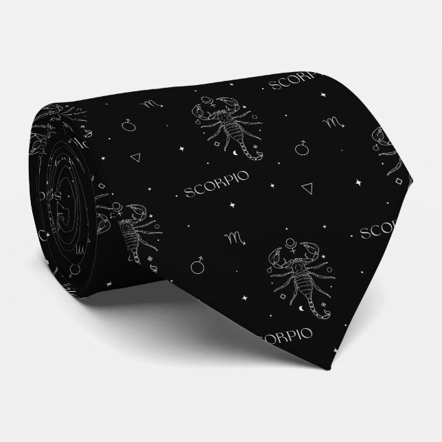 Skorpion Zodiak Mönster i Vitt och Svart Slips (Rullad)