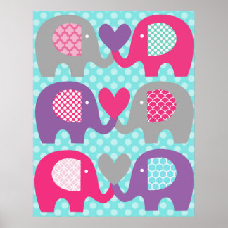 Skötbordaffisch med rosa och lila elefanter kärlek poster