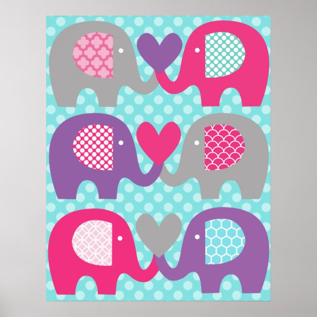 Skötbordaffisch med rosa och lila elefanter kärlek poster (Framsidan)