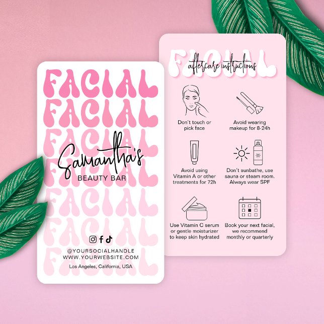 Skötsel om Rosa Modern Face Care Instructions Visitkort (Trendy facial aftercare cards featuring pink hues, retro fonts and beauty care icons)