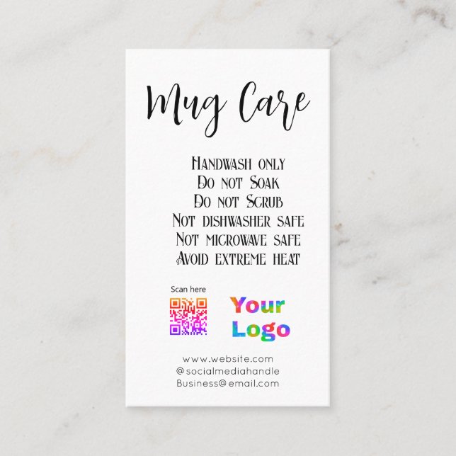 Skötselinstruktioner för mugg lägger till uppgifte visitkort (Framsida)