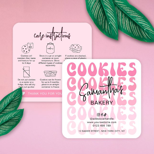 Skötselinstruktioner för Trendig av Rosa Socker Co Fyrkantigt Visitkort (Retro pink cookies care cards featuring trendy fonts, pink aesthetic and cookie care icons)