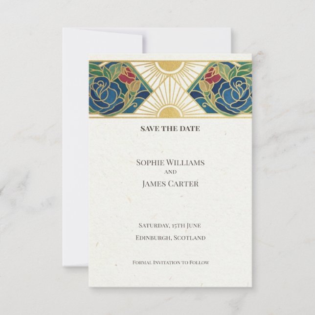 Skotsk Art Deco Save the Date-kort Spara Datumet (Framsida)
