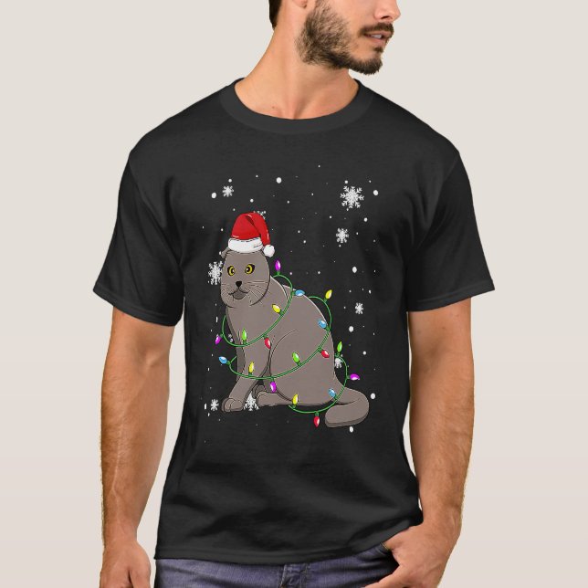 Skotsk Fold Katt Julbelysning Jul Katt Tomtehatt T Shirt (Framsida)
