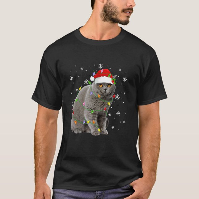 Skotsk Fold Katt Julbelysning Rolig Tomtehatt T Shirt (Framsida)