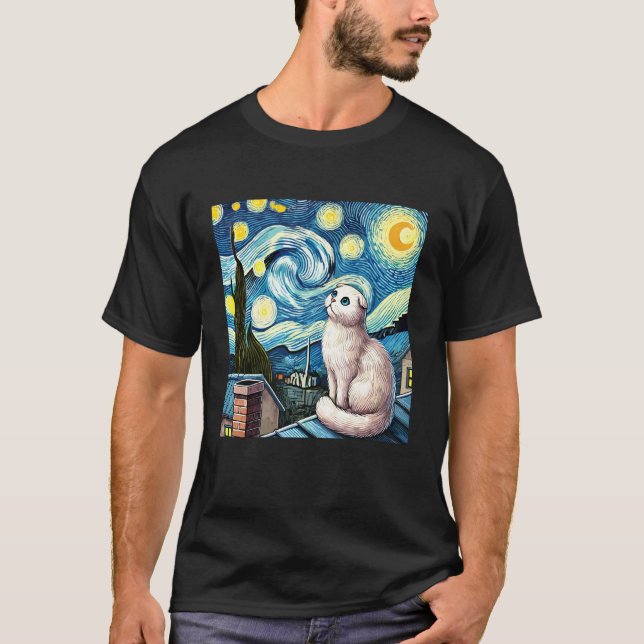 Skotsk Fold Katt Under Stjärnrik Natt Himmel T Shirt (Framsida)