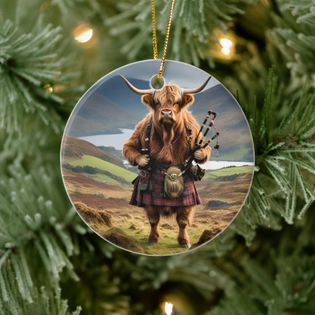 Skotsk Highland Cow Bagpiper,  Julgransprydnad Keramik (Träd)