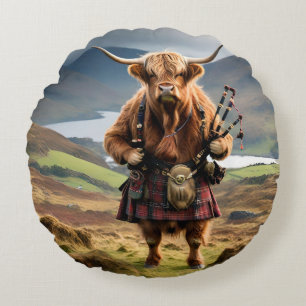 Skotsk Highland Cow Bagpiper, Rund Kudde