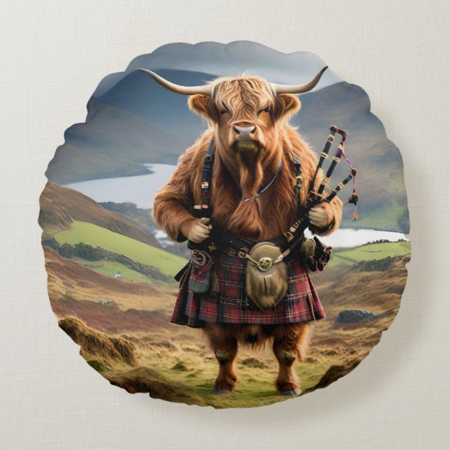 Skotsk Highland Cow Bagpiper, Rund Kudde (Framsidan)