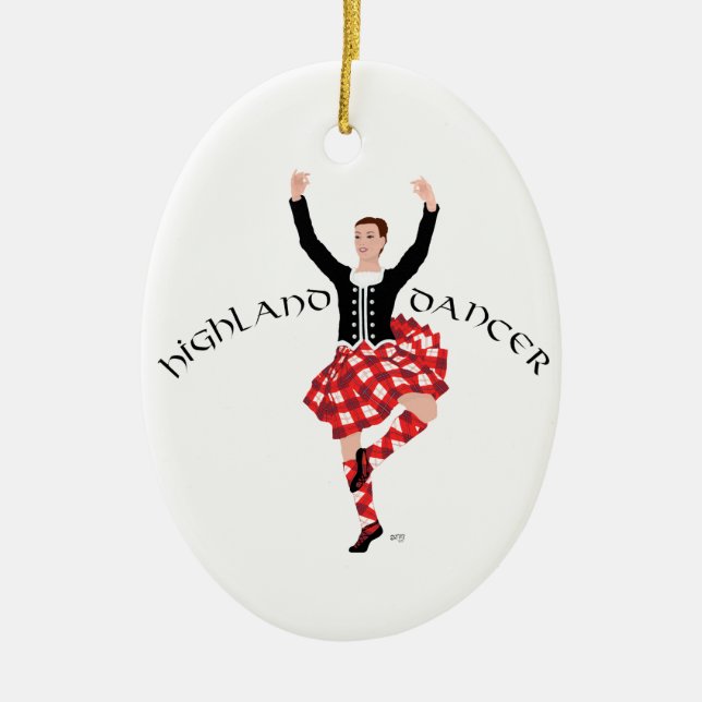 Skotsk Highland Fling - Röd Tartan Julgransprydnad Keramik (Framsidan)