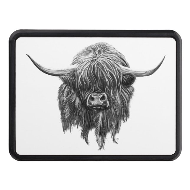 Skotsk höglands- ko i svartvitt dragkroksskydd (Framsidan)