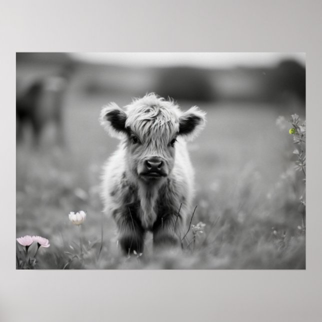 Skotsk höglandsklf Baby Cow Soft Black White Poster (Framsidan)