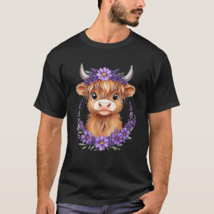 Skotsk höglandskö Baby med Lila blommor långt T Shirt