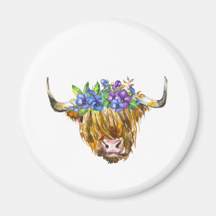 Skotsk höglandskund med blommor, vattenfärg magnet