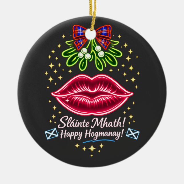 Skotsk Hogmanay Mistel Neon Tartan Present Julgransprydnad Keramik (Framsidan)