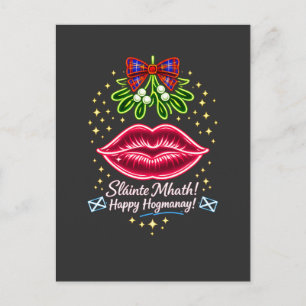 Skotsk Hogmanay Misteltoe Neon Tartan Present Vykort