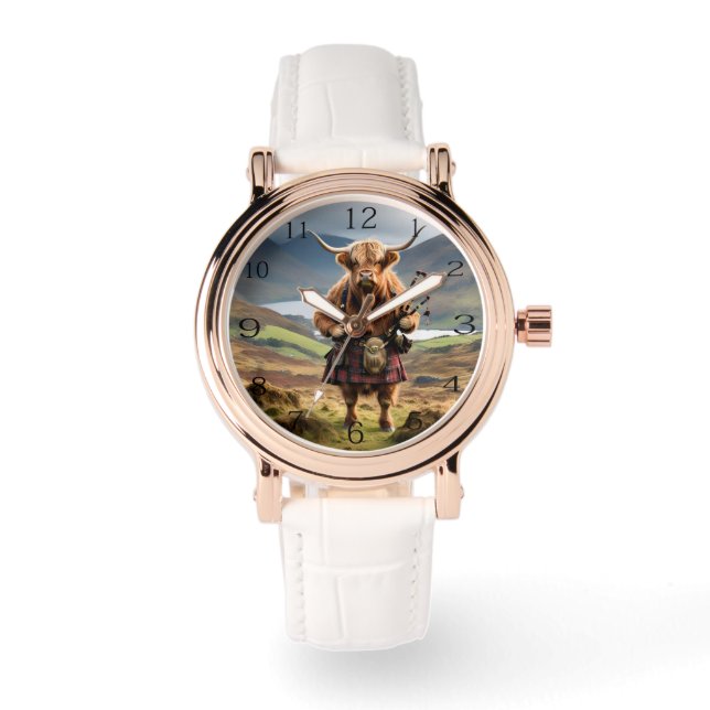 Skotsk humor: Highland ko bagpiper damklocka Armbandsur (Framsida)