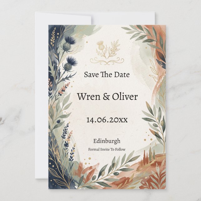 Skotsk italiensk botanisk Save The Date-kort Spara Datumet (Framsida)