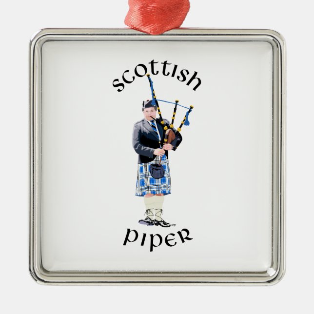 Skotsk Piper - Blå Tartan Julgransprydnad Metall (Framsidan)